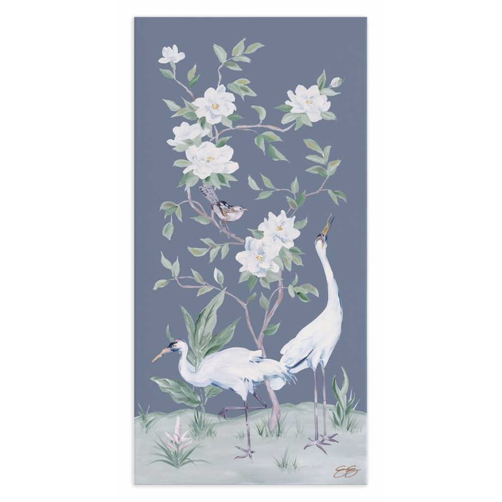 Cranes and Gardenias, a dark blue chinoiserie canvas wrap