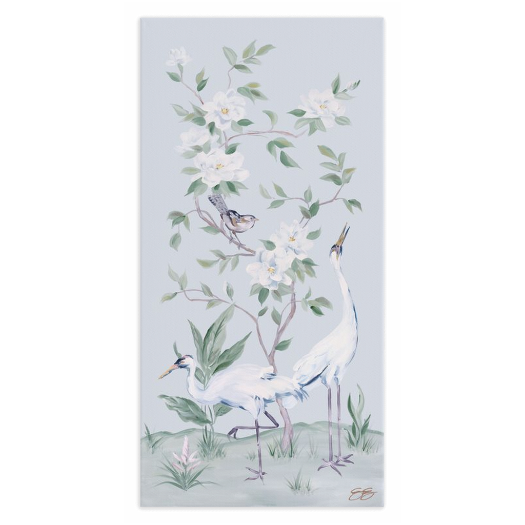 Cranes and Gardenias, a light blue chinoiserie canvas wrap