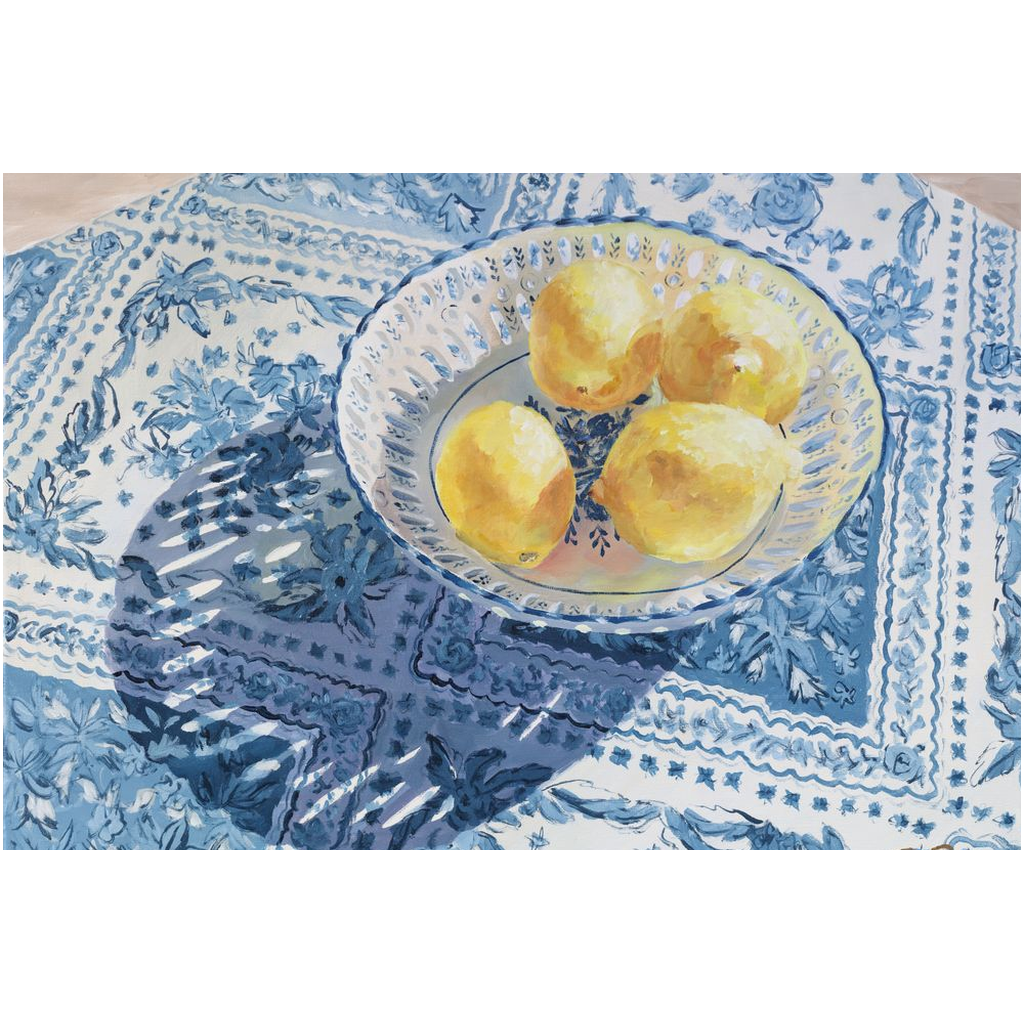 Patterned Shadow (lemons in blue and white bowl), a fine art print on canvas