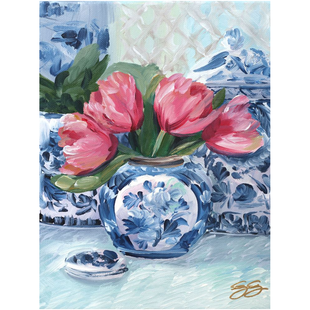 Pink Tulips, Blue Vase; a fine art print on canvas