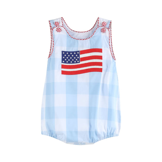 Lil Cactus - Light Blue Gingham American Flag Romper