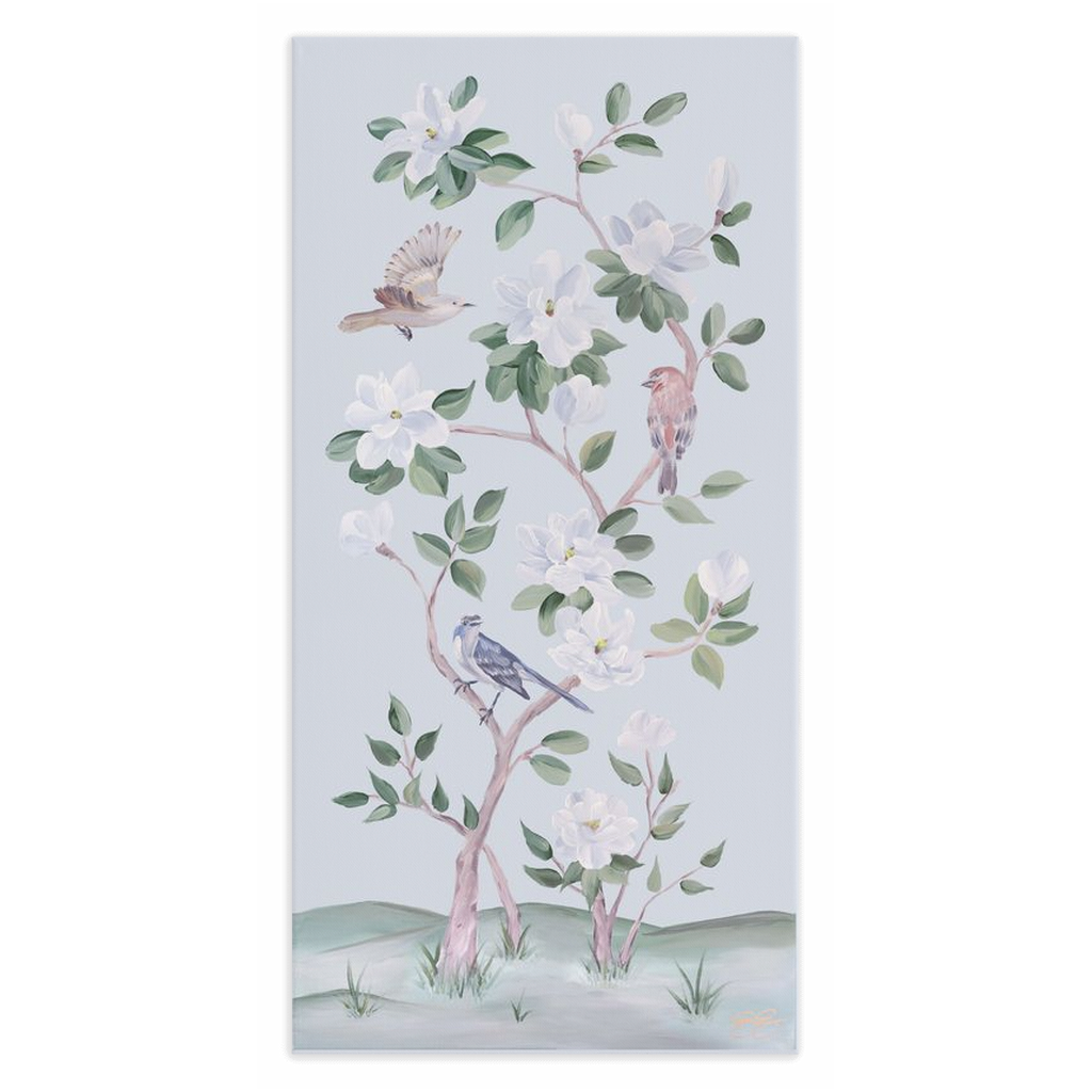 Songbirds and Magnolias, a light blue chinoiserie canvas wrap