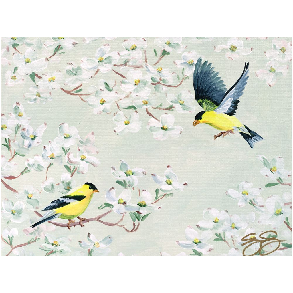 Goldfinch and Dogwood, a fine art print on canvas