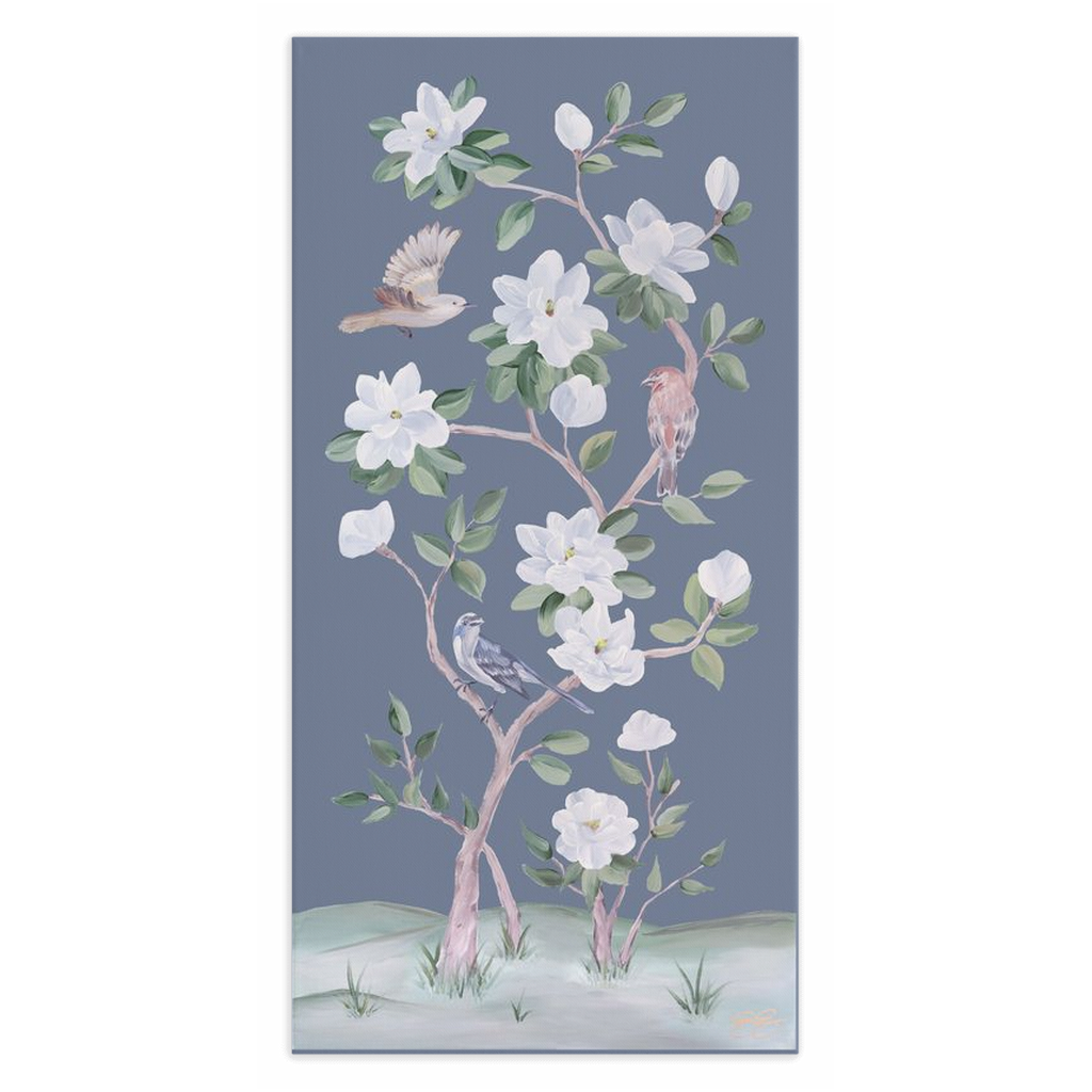 Songbirds and Magnolias, a dark blue chinoiserie canvas wrap