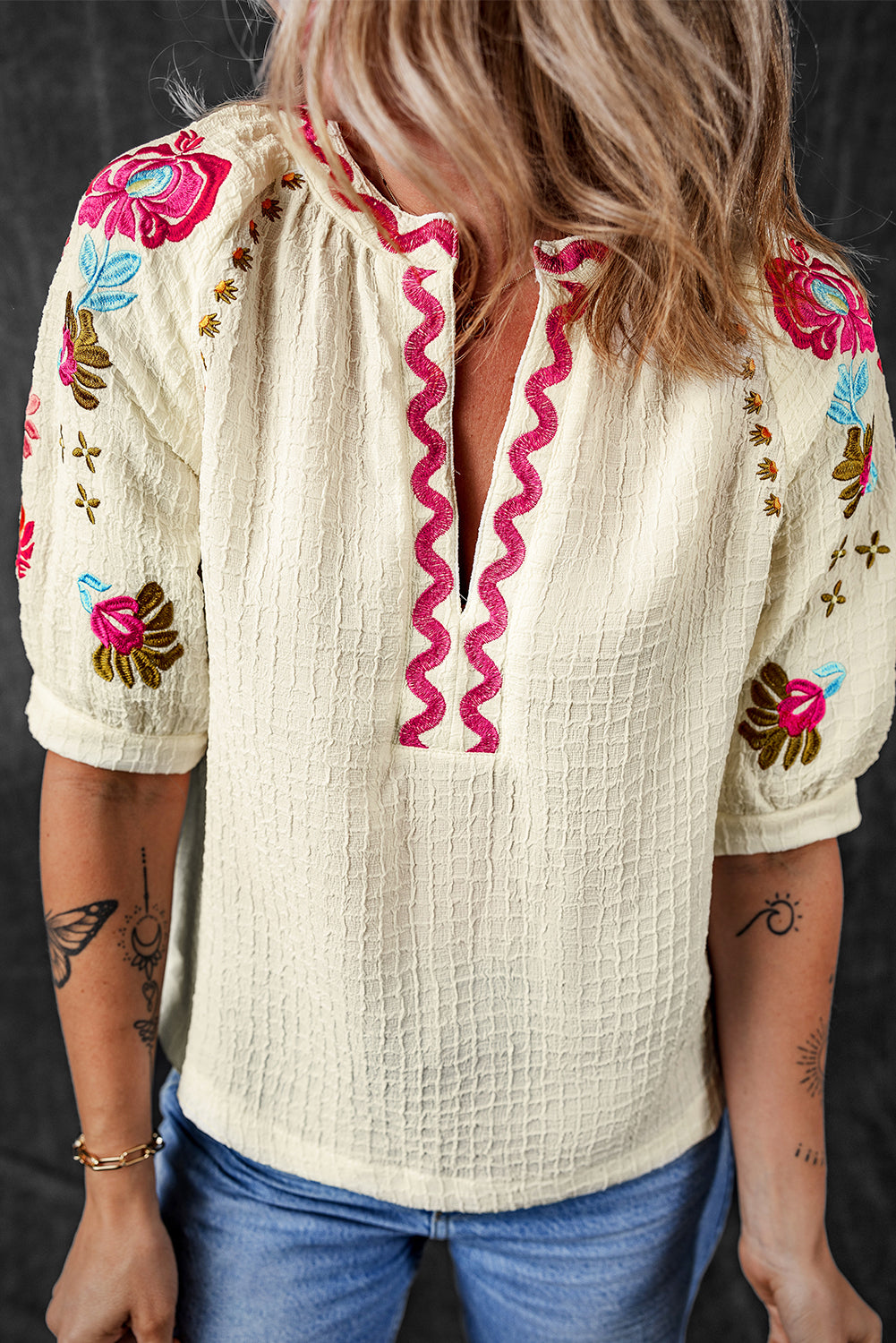 Beige Floral Embroidered Ric Rac Puff Sleeve Textured Blouse