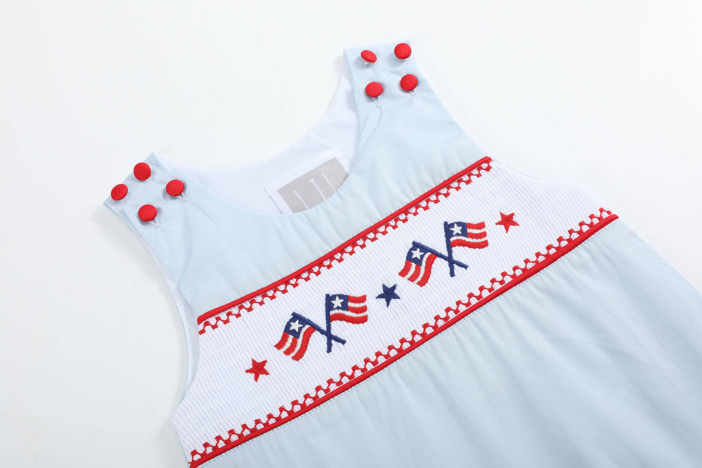 Lil Cactus - Light Blue USA Flag Smocked Shortalls