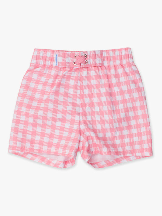 RuffleButts + RuggedButts - Boys Bubblegum Pink Gingham Swim Trunks