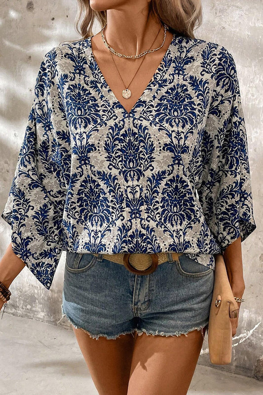 Blue Vintage Flower Three Quarter Sleeve V Neck Blouse