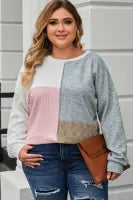 Multicolor Cable Knit Colorblock Long Sleeve Plus Size Top