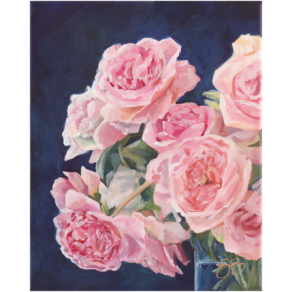 Pink Roses on Navy Blue, a fine art print on canvas