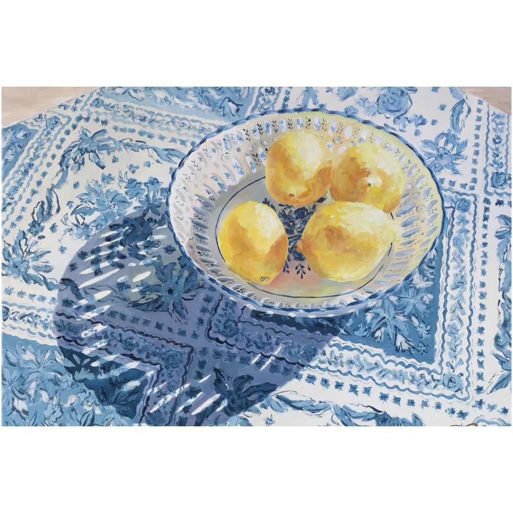 Patterned Shadow (lemons in blue and white bowl), a fine art print on canvas