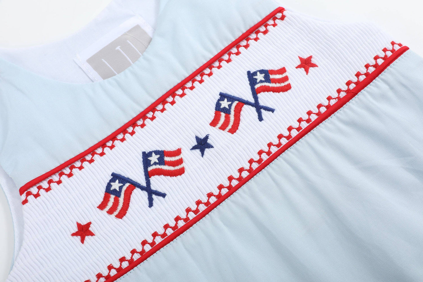 Lil Cactus - Light Blue USA Flag Smocked Shortalls