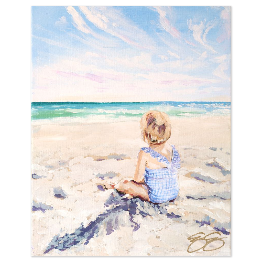 Beach babies: blue gingham, a fine art print on paper