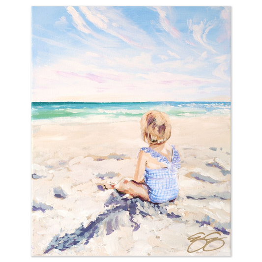 Beach babies: blue gingham, a fine art print on paper