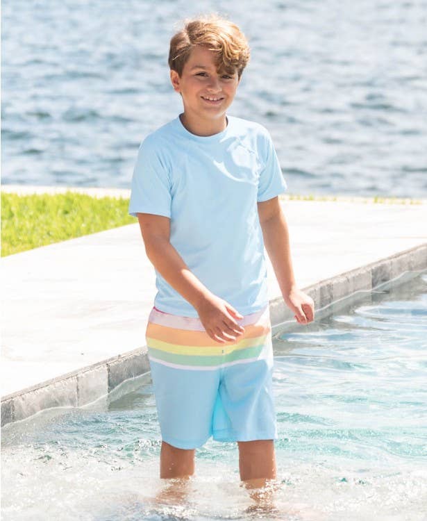 RuffleButts + RuggedButts - Rainbow Multi-Stripe Swim Trunks RuffleButts + RuggedButts - Rainbow Multi-Stripe Swim Trunks