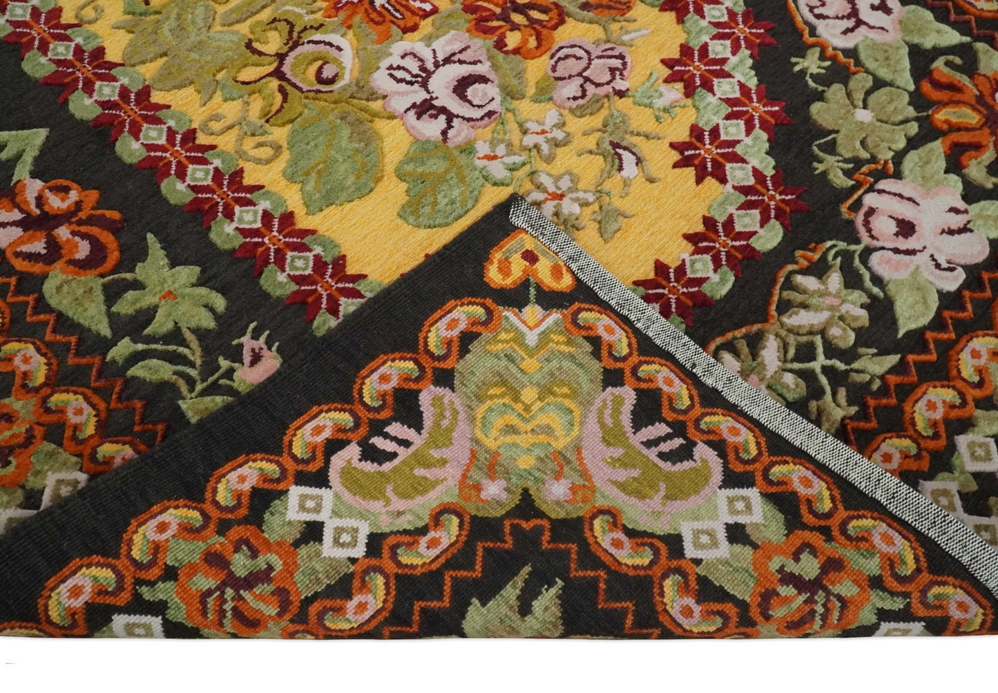 5x7 Flatwoven Soumak Black, Yellow, Green and Gold Flower Wool Hand Woven Antique Design Rug | KNT39