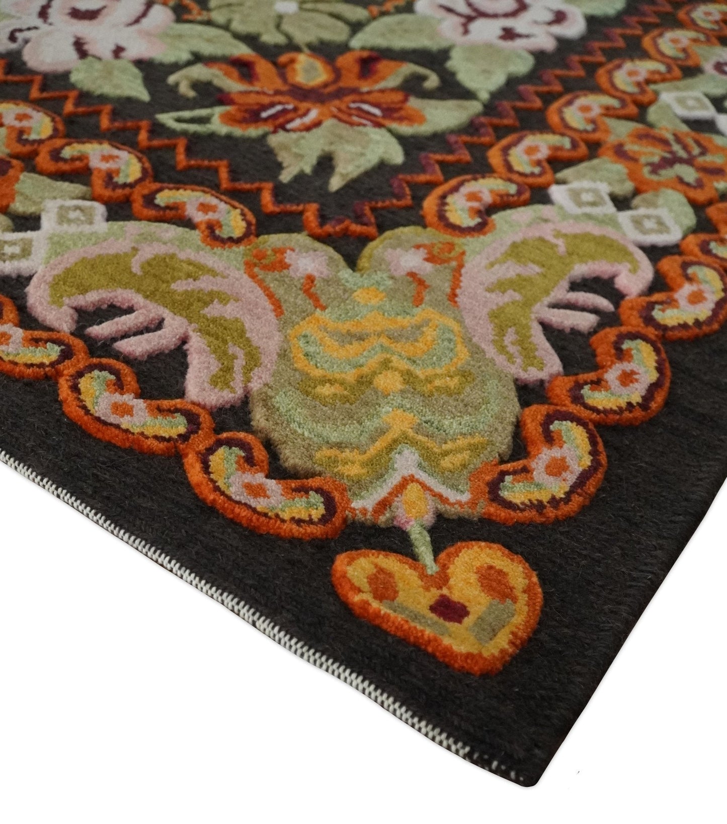 5x7 Flatwoven Soumak Black, Yellow, Green and Gold Flower Wool Hand Woven Antique Design Rug | KNT39