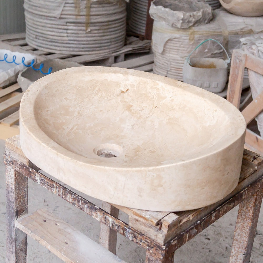 Natural Stone Light Travertine Special Design Vessel Sink Honed and Filled (W)16" (L)21.5" (H)6"