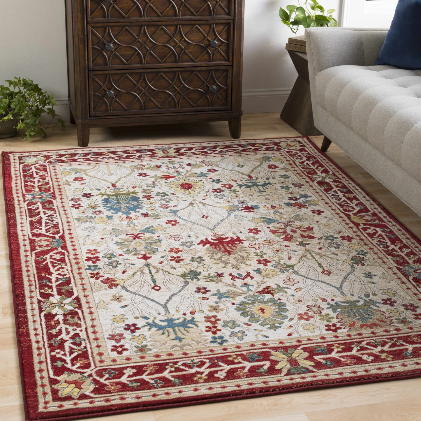 Neola White/Red Damask Area Rug