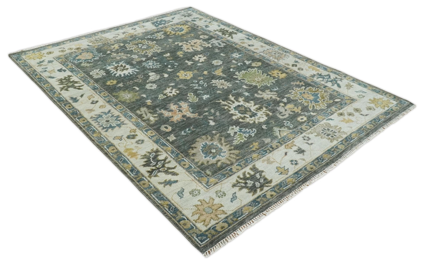 Custom Made Hand Knotted Green and Ivory Traditional Oushak Wool Rug