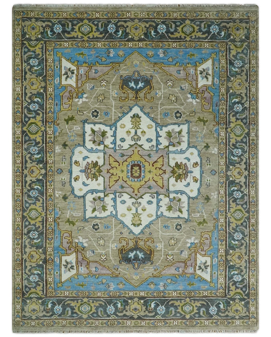 Custom Made Hand Knotted Ivory, Camel and Teal Modern Heriz Serapi Wool Rug