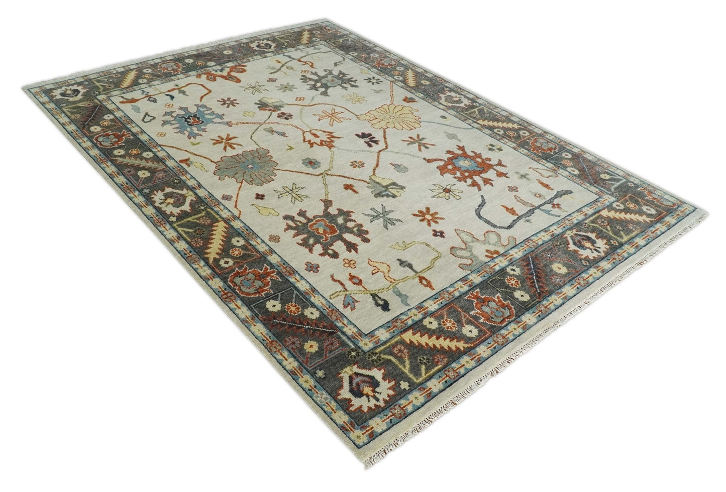 Hand Knotted Ivory, Charcoal and Blue Traditional Oriental Oushak Multi size Wool Area Rug