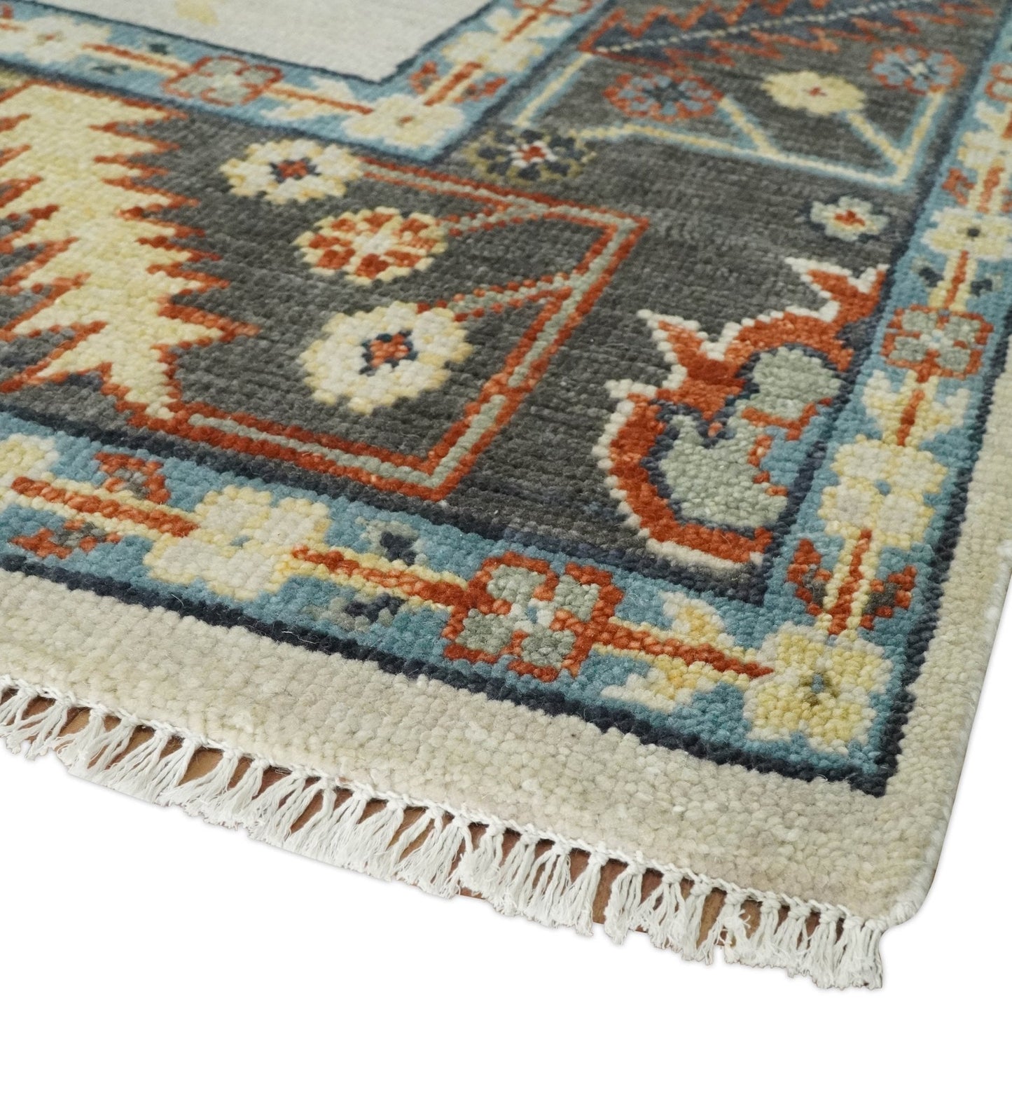 Hand Knotted Ivory, Charcoal and Blue Traditional Oriental Oushak Multi size Wool Area Rug