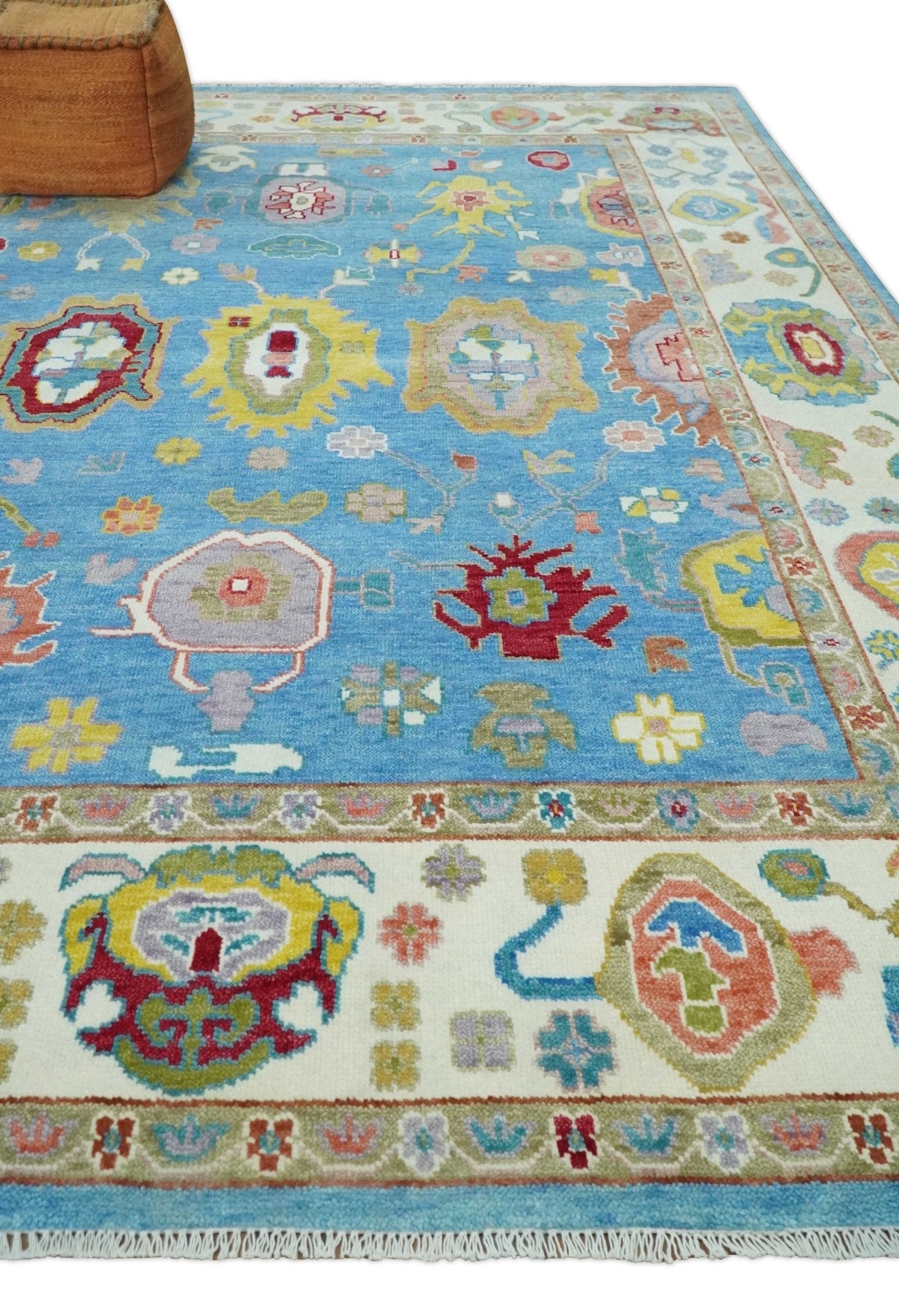 Blue and Ivory Hand Knotted Traditional Oushak Multi Size Wool Area Rug