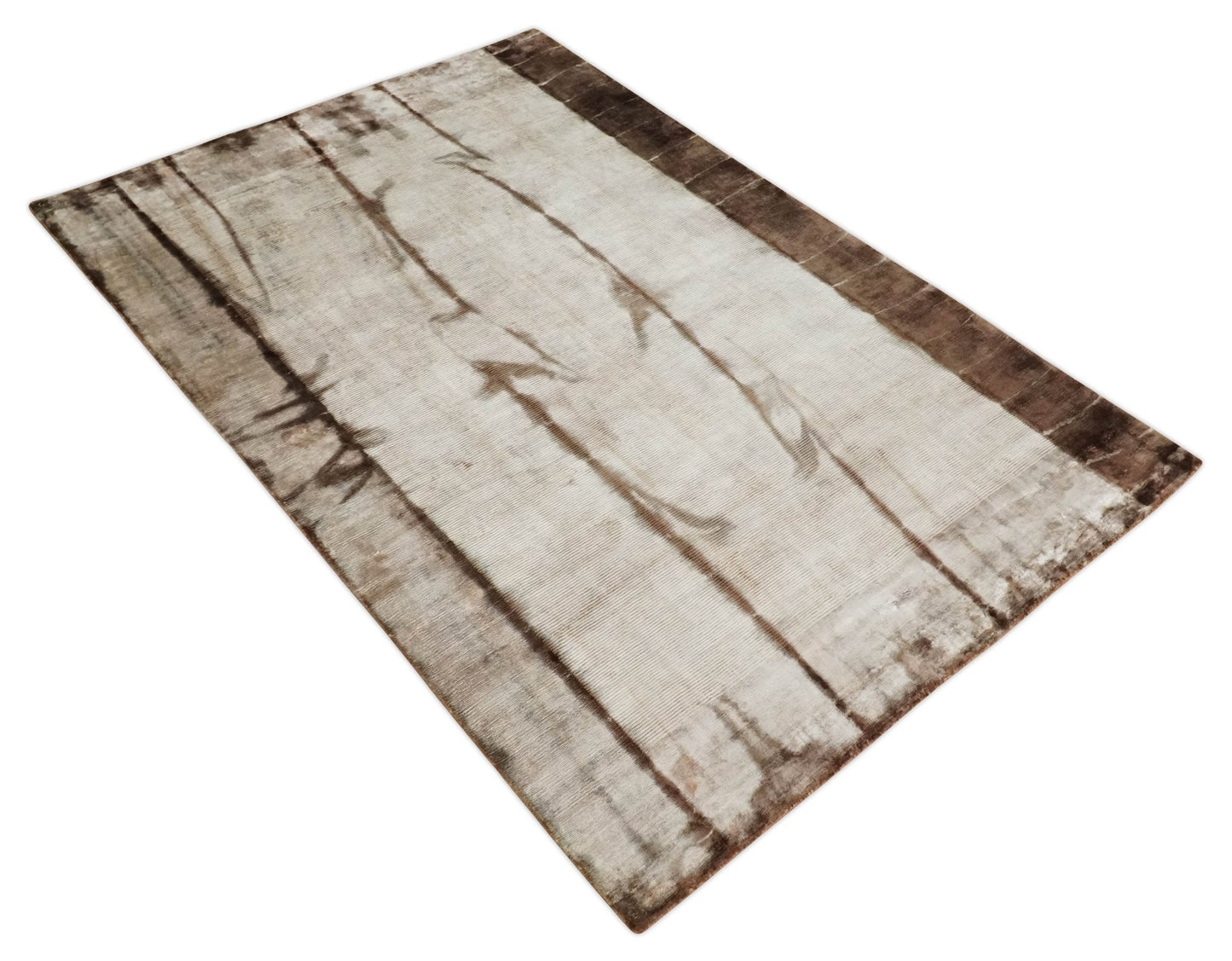 5x8 Hand Woven and Carved Silver and Brown Floral Art Silk Rug | KNT3