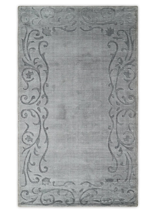 3x5 Hand Woven and Carved Silver and Gray Floral Art Silk Rug | KNT10