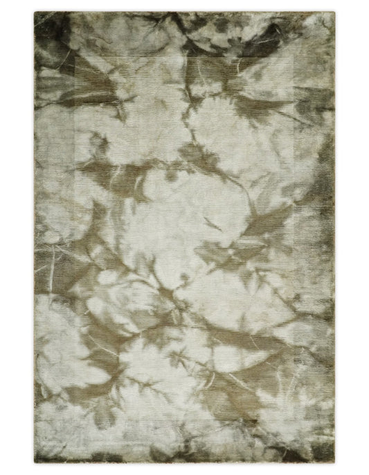 4x6 Modern Abstract Hand Woven Silver and Olive Art Silk Rug | KNT15