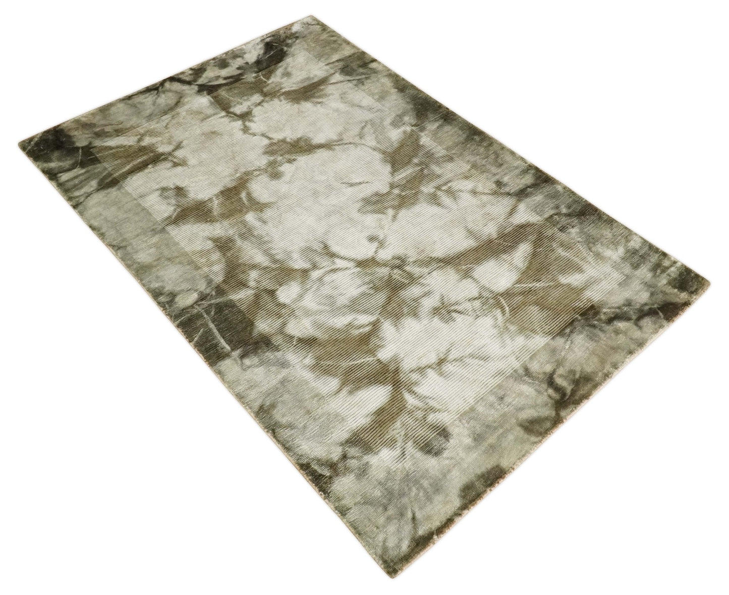 4x6 Modern Abstract Hand Woven Silver and Olive Art Silk Rug | KNT15