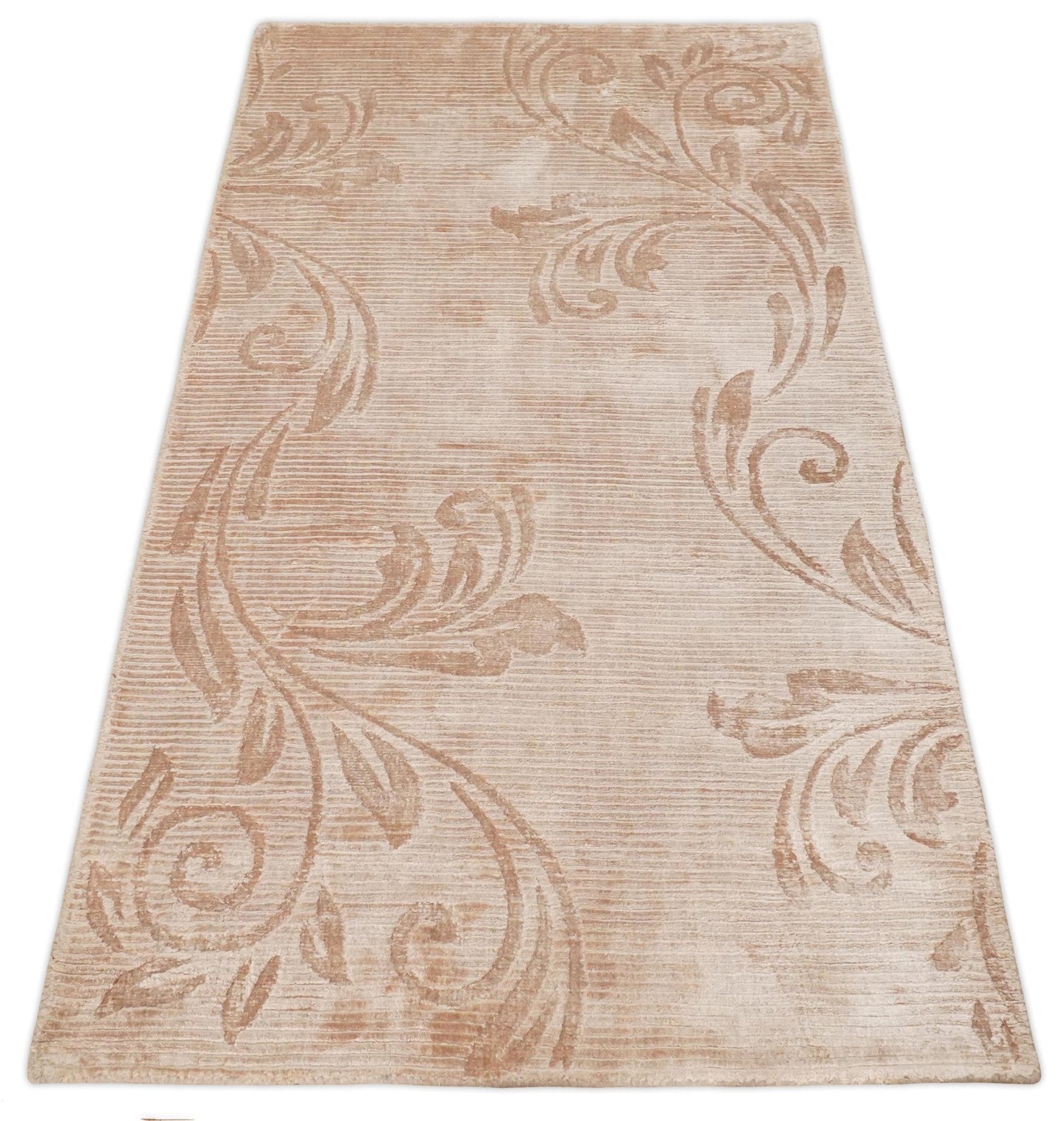 3x5 Hand Woven and Carved Beige and Peach Floral Art Silk Rug | KNT12