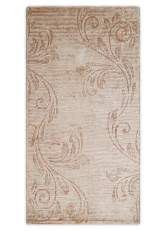 3x5 Hand Woven and Carved Beige and Peach Floral Art Silk Rug | KNT12