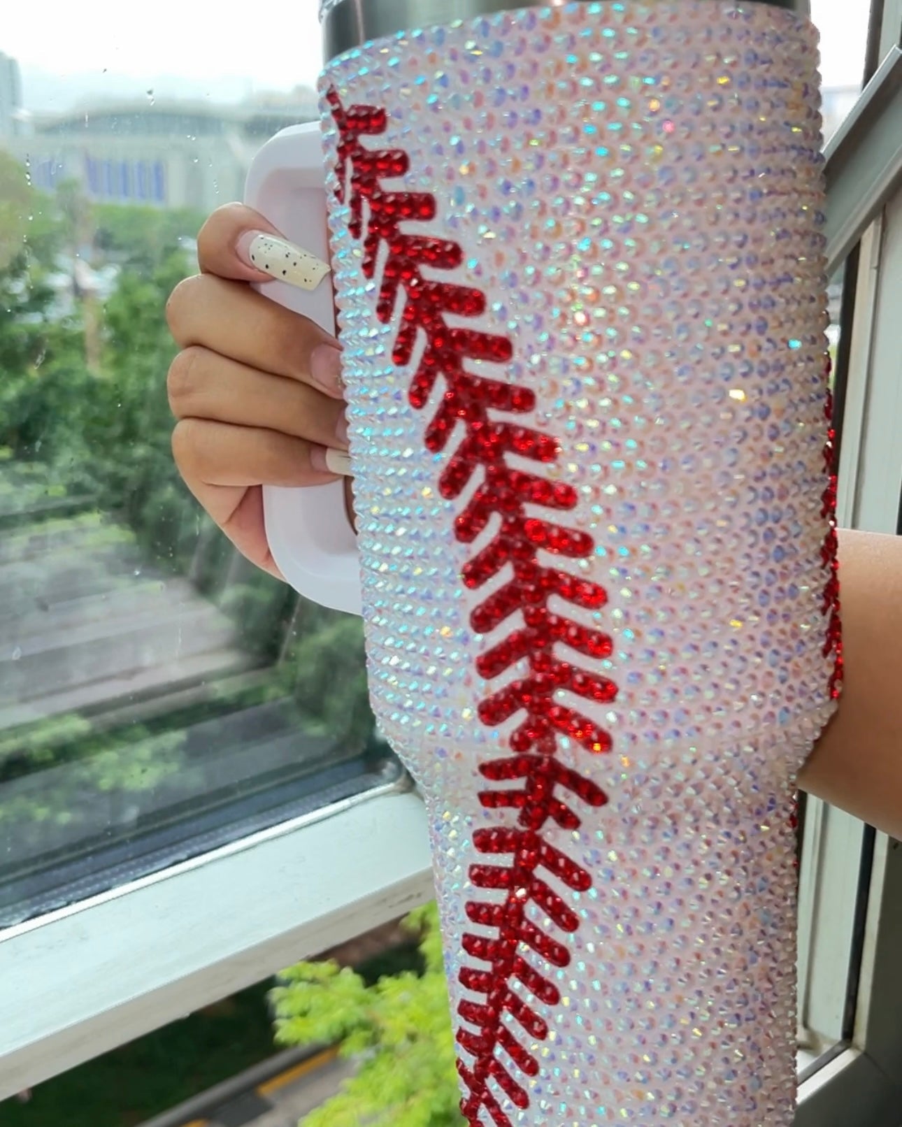 Pre-Order: Crystal Baseball White/Red "Blinged Out" 40 Oz. Tumbler (Ships Approx. 5/30)