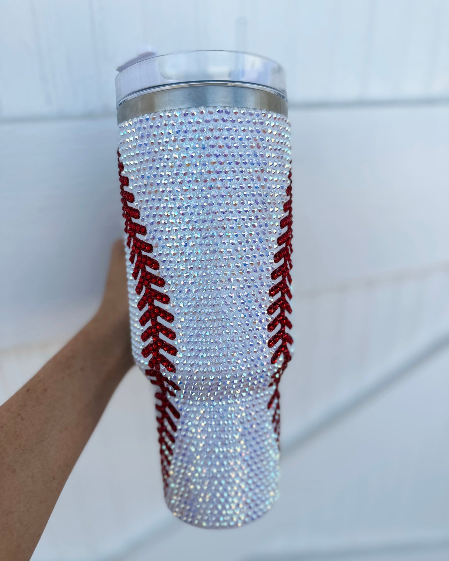 Pre-Order: Crystal Baseball White/Red "Blinged Out" 40 Oz. Tumbler (Ships Approx. 5/30)