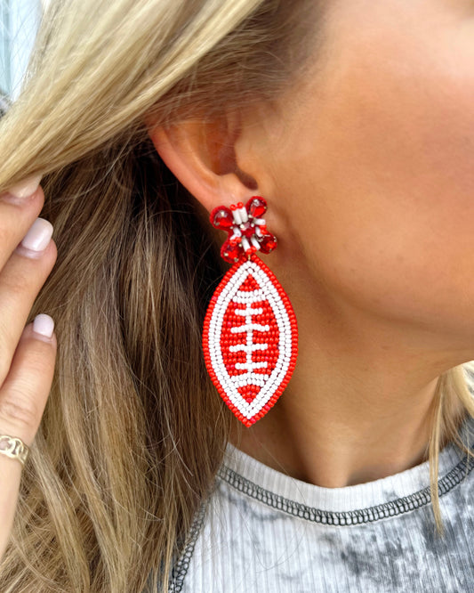 Red/White Sparkle Football Beaded Earrings