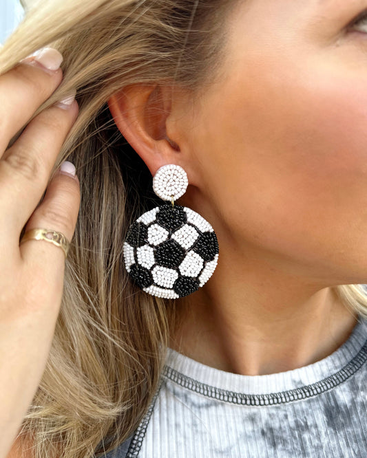 Round Beaded Soccer Black/White Earrings