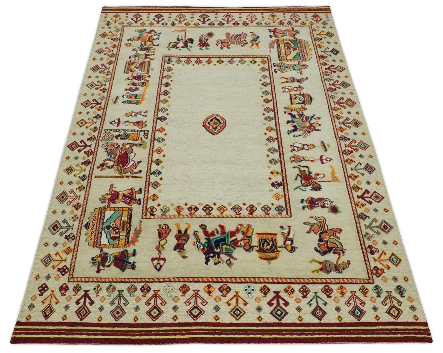 5x7 Flatwoven Soumak, Ivory and Beige Indian Wedding, Hand Spun Wool Hand Knotted Southwestern Gabbeh Rug | KNT42