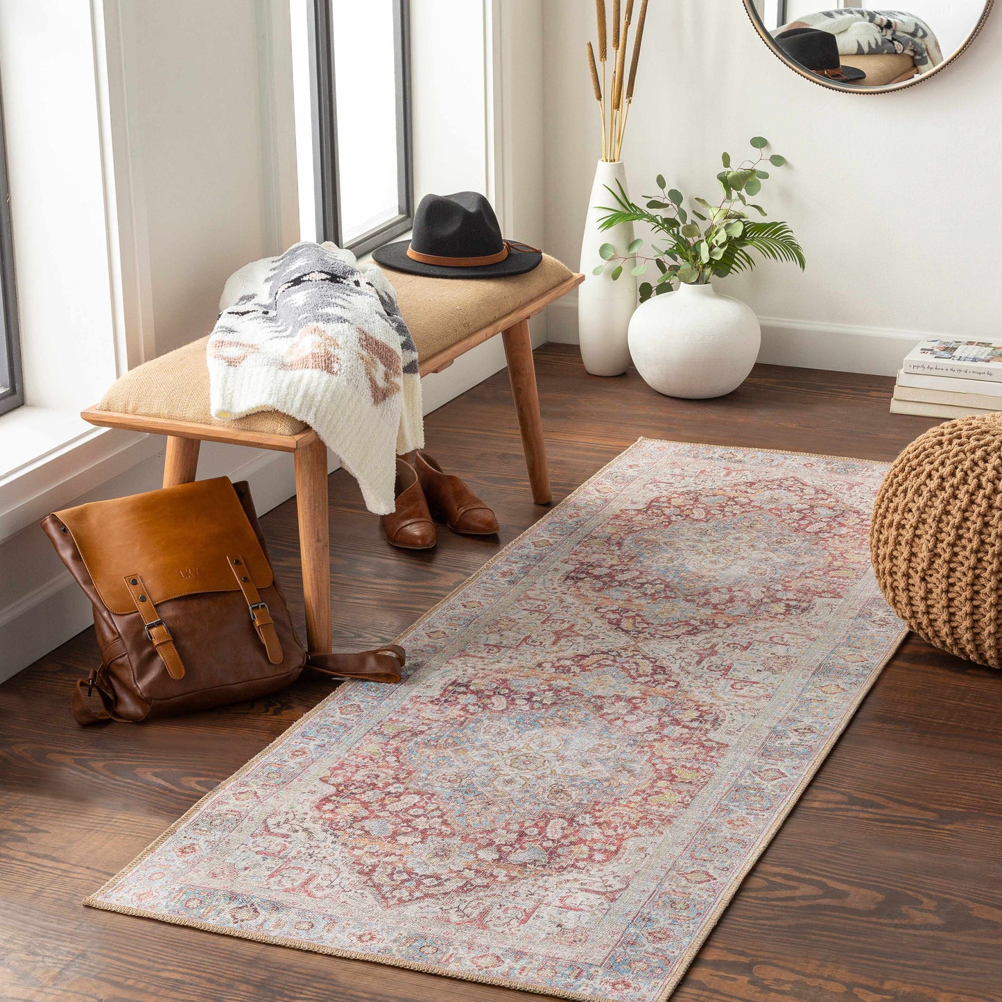 Cream Rust Leeston Vintage Washable Area Rug - Clearance