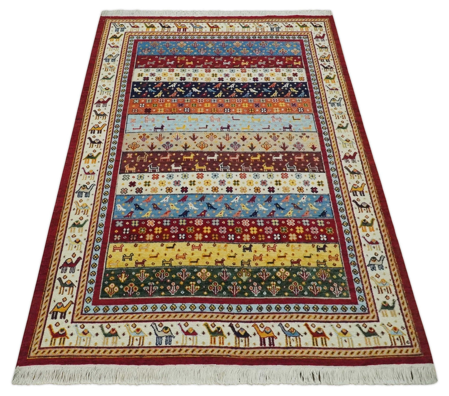 5x7 Multicolor Animal Brid Anetlope Flatwoven Soumak Wool Hand Made Southwestern Lori Rug | KNT49