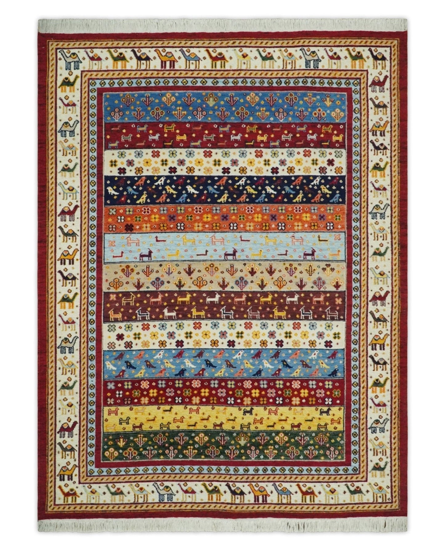 5x7 Multicolor Animal Brid Anetlope Flatwoven Soumak Wool Hand Made Southwestern Lori Rug | KNT49