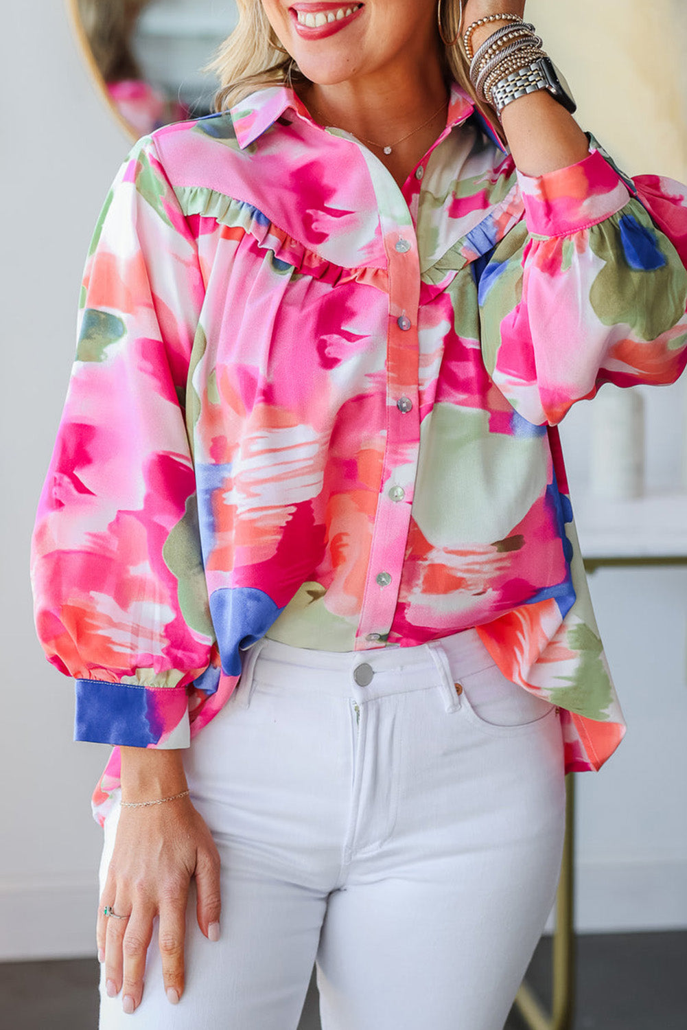 Multicolor Abstract Printed Lantern Sleeve Frilled Button Front Collared Shirt