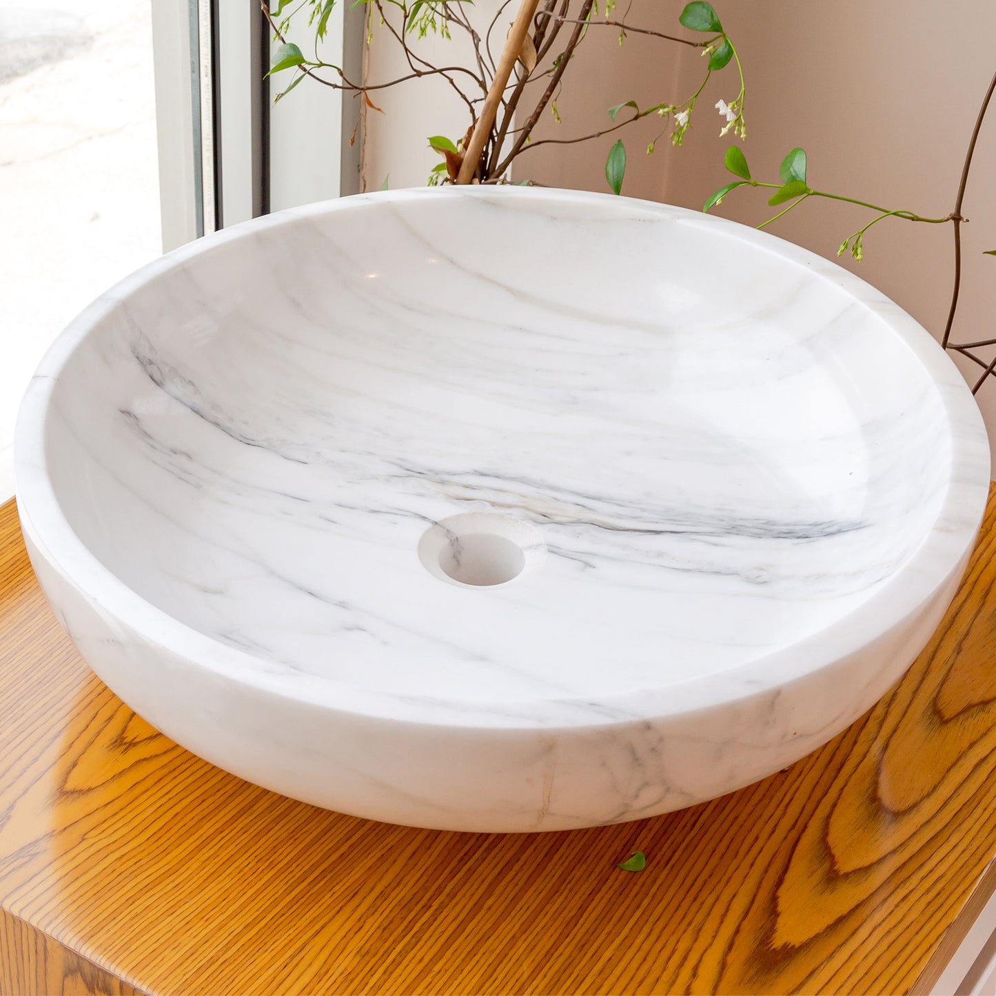 Natural Stone Calacatta White Marble Vessel Sink Bowl Polished (D)19" (H)6"