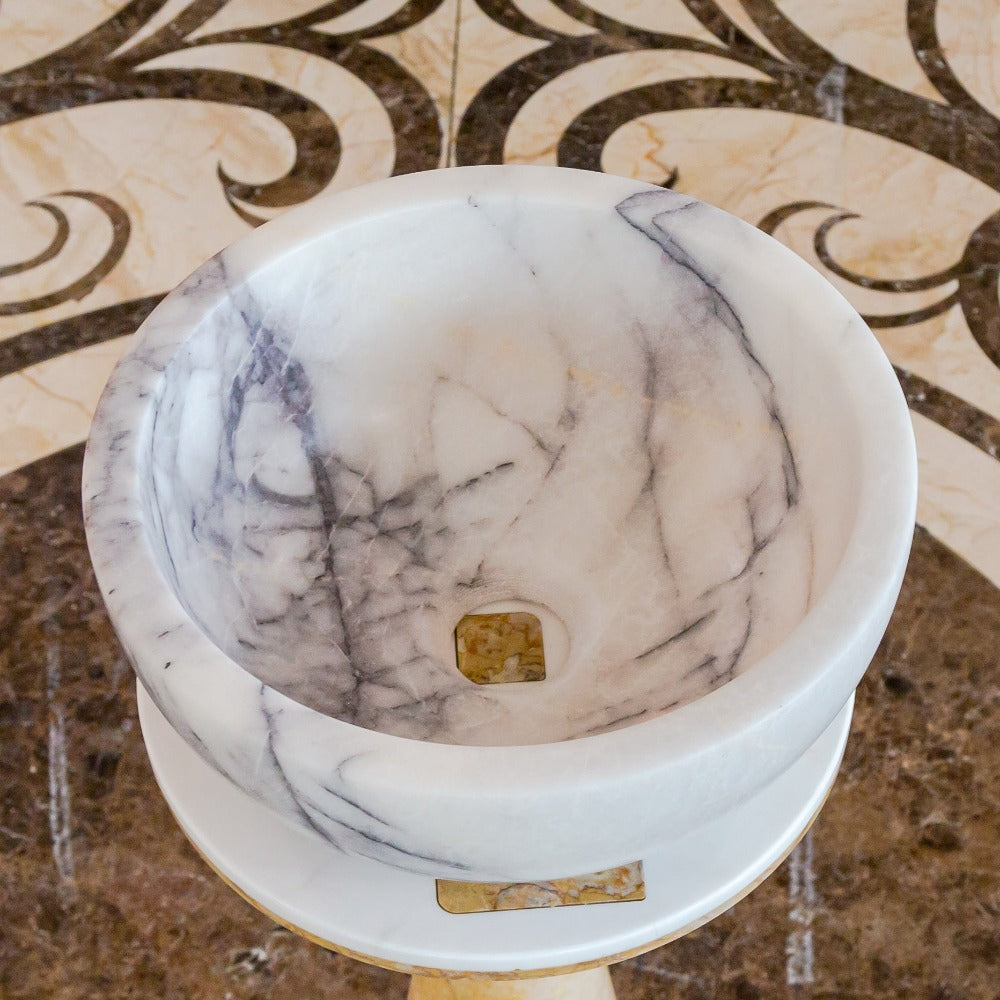 Natural Stone New York White Marble Round Vessel Sink Polished (D)12" (H)5"