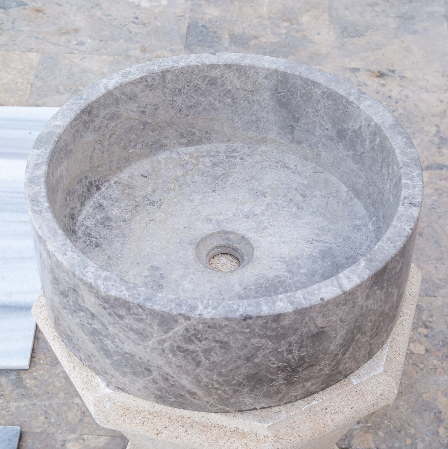 Natural Stone Tundra Grey Marble Round Vessel Sink Polished (D)16.5" (H)6"