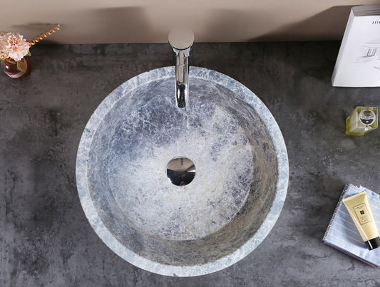 Natural Stone Tundra Grey Marble Round Vessel Sink Polished (D)16.5" (H)6"