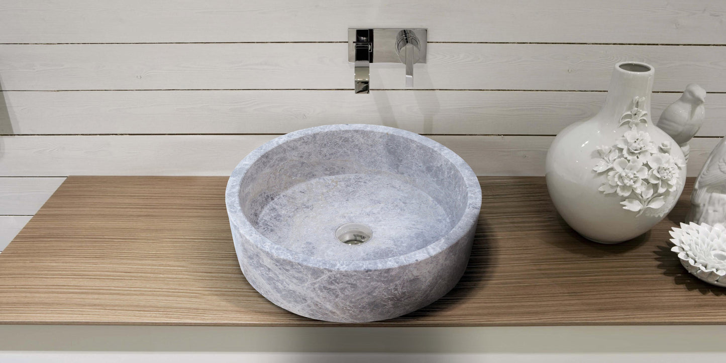 Natural Stone Tundra Grey Marble Round Vessel Sink Polished (D)16.5" (H)6"