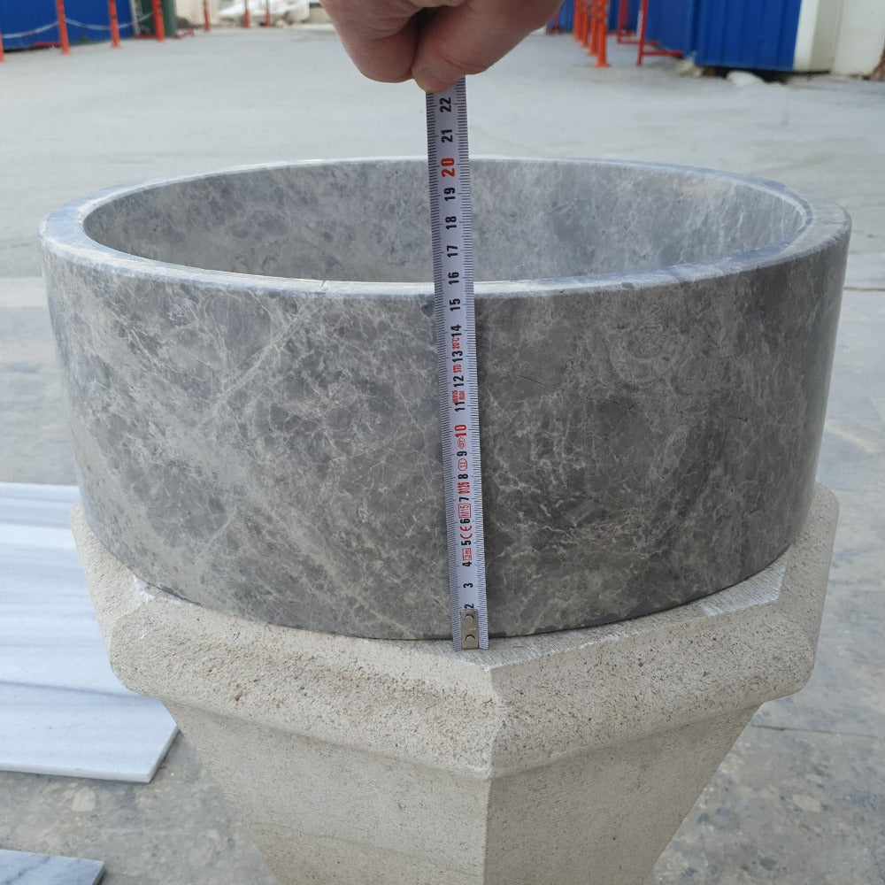 Natural Stone Tundra Grey Marble Round Vessel Sink Polished (D)16.5" (H)6"