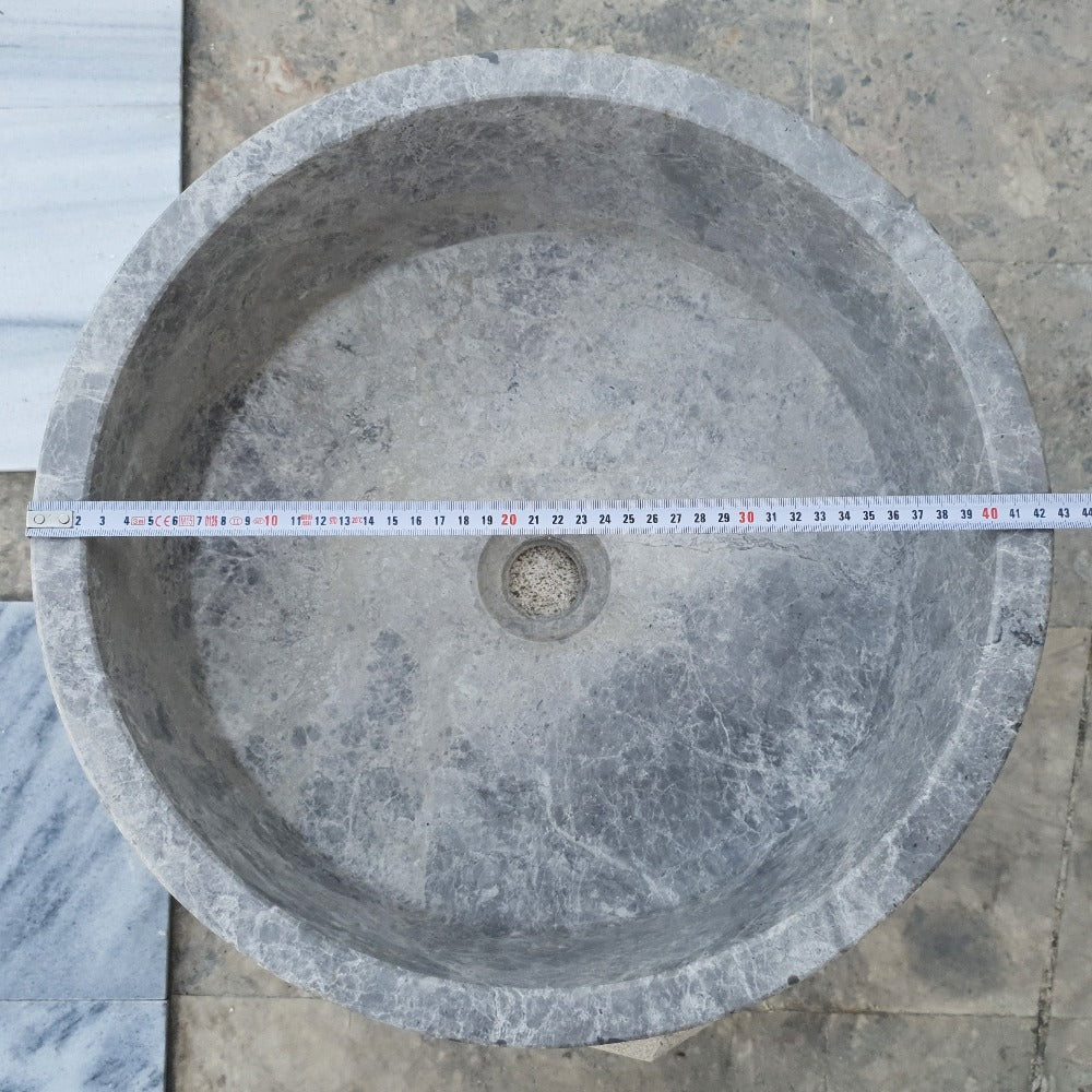 Natural Stone Tundra Grey Marble Round Vessel Sink Polished (D)16.5" (H)6"